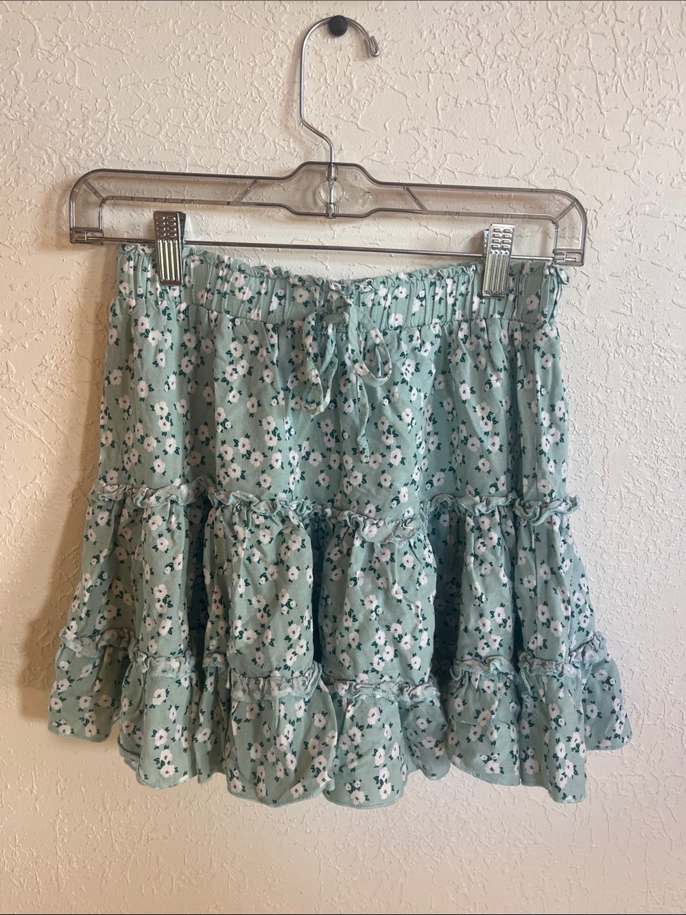 Mint Green Floral Tiered Mini Skirt
